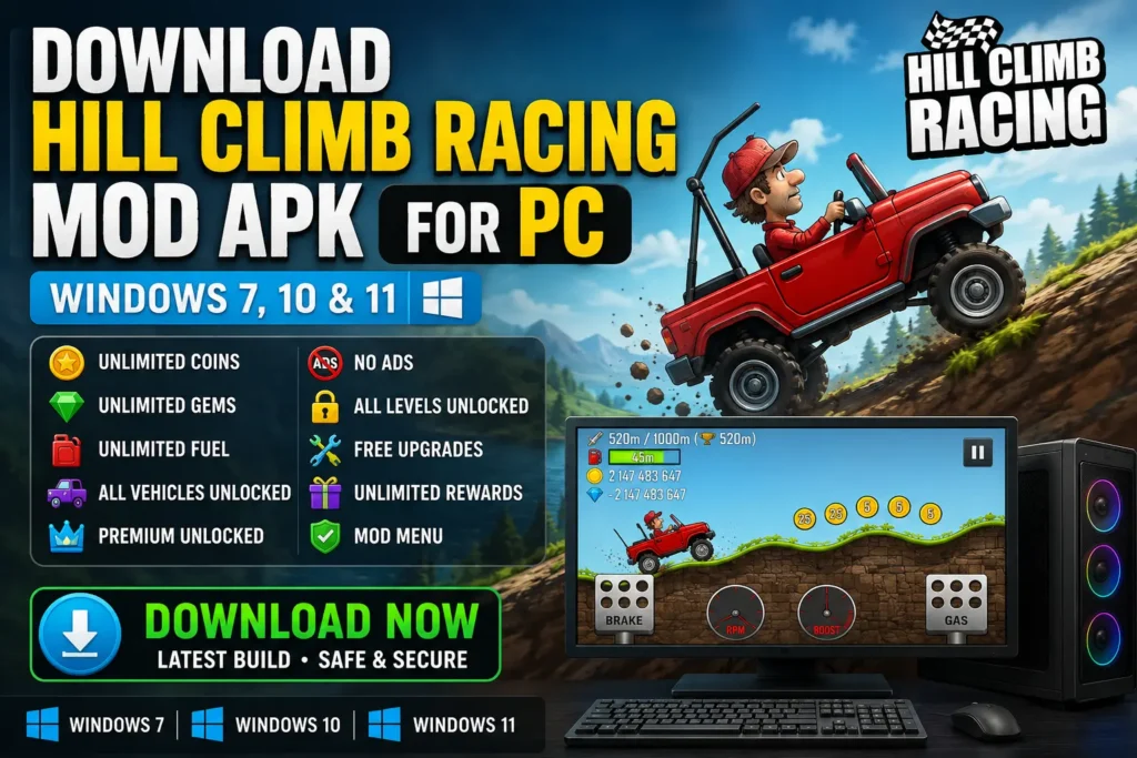 Hill Climb Racing MOD APK for PC free download on Windows 7, 10, and 11.